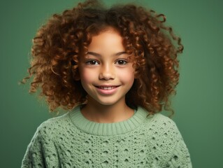 Young Girl With Curly Hair Wearing a Green Sweater