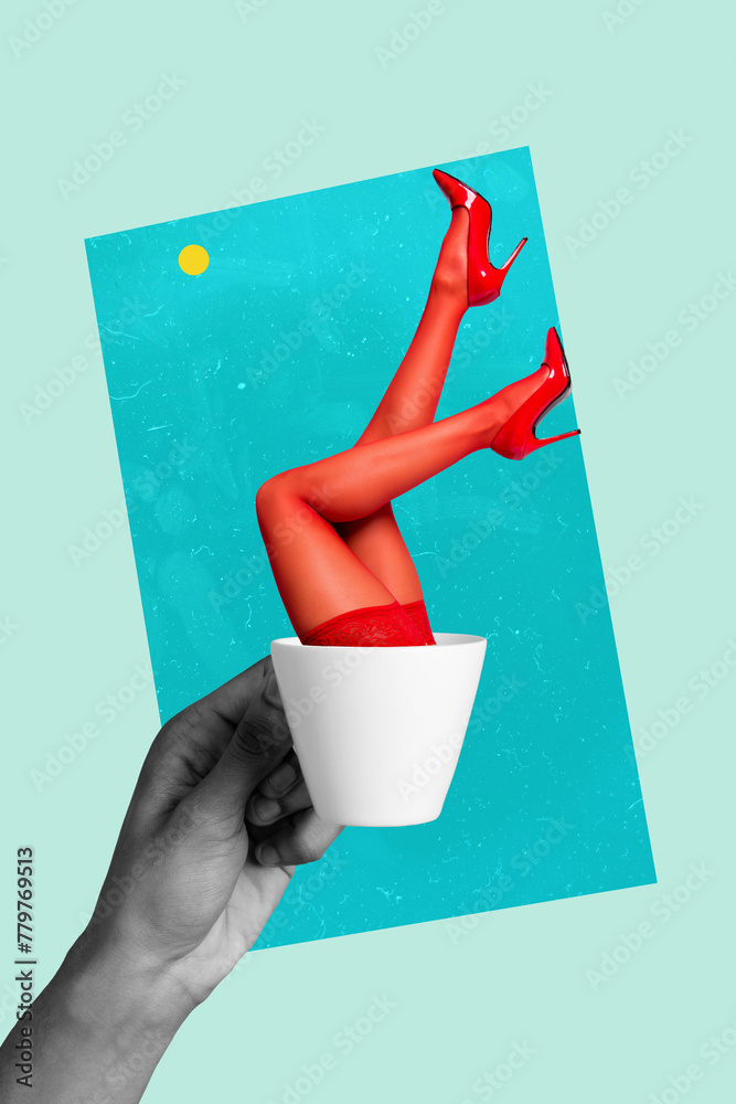 Canvas Prints Collage vertical banner picture of arm hold cup espresso coffee and slim beautiful female legs inside isolated on drawing background