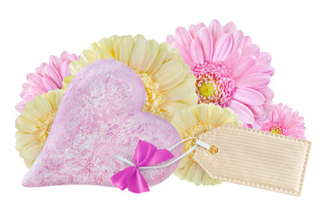 Dekoration mit rosa Herz, Label und Blumen  Hintergrund transparent PNG cut out   Pink Love Heart and Flowers