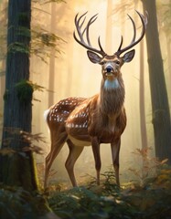 A regal stag stands in a sun-dappled forest, its gaze piercing through the misty light, embodying the serenity of nature. AI generation