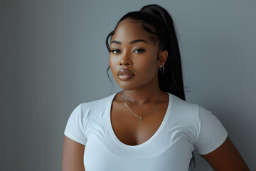 Close up portrait of young beautiful African American woman in white t-shirt isolated on grey background