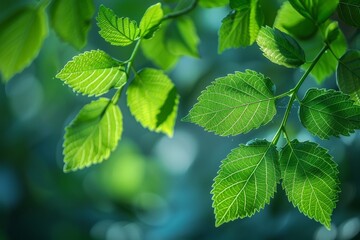 Fototapeta na wymiar Vibrant green leaves in sharp focus with a blurred green background, showcasing the beauty of nature and foliage