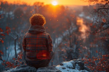 An individual in a warm jacket sitting on a rock, silhouetted against a vibrant sunset over a tranquil river landscape