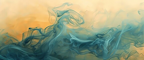 Fototapeta na wymiar Teal smoke gracefully intertwining over an abstract background painted in shades of honey gold.