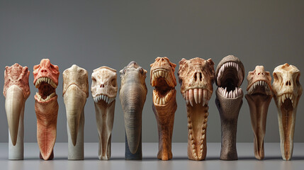 Evolution of teeth through different species From the sharp fangs of prehistoric predators to the different teeth of humans. Smiling mouth with different types of teeth - obrazy, fototapety, plakaty