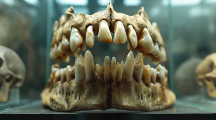 Fototapeta na wymiar Evolution of teeth through different species From the sharp fangs of prehistoric predators to the different teeth of humans. Smiling mouth with different types of teeth