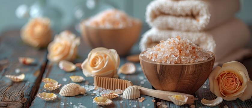 An image of a spa salon with sea salt, towels, a comb, a seashell, and rose petals, which features color toning.