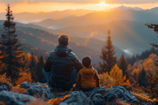 A serene image capturing a father and son sitting on a rock, enjoying the breathtaking view of the sunset over the mountains