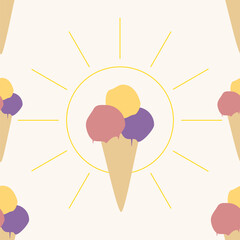 ice cream background, seamless pattern of ice cream scoops in a cone, repeating texture of colorful ice cream cones in red yellow and purple, abstract simple design, ideal for textile or paper design	