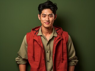 Young Man in Red Vest Against Green Wall