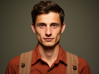 Obraz premium Man Wearing Suspenders and Red Shirt