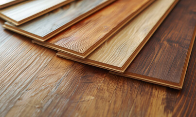 close up of new wooden laminate flooring swatches, wooden board panel stain choices