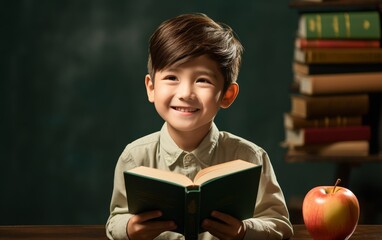 Happy young Boy Reading and thinking, Apple at Desk