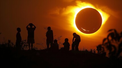 Group Observing Solar Eclipse in Silhouette