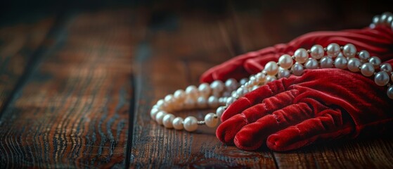 Retro women's accessories on wooden table, including velvet gloves and pearl necklaces