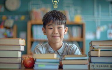 Young Boy Sitting in Front of Pile of Books