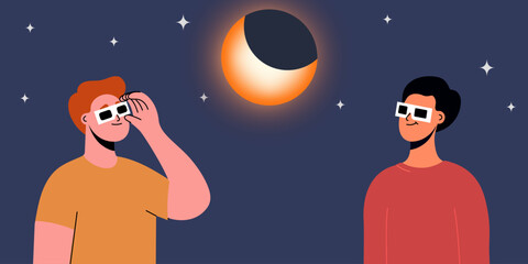 A group of people wearing safety glasses watch a partial solar eclipse. Vector illustration