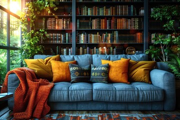 Reading book in a cozy atmosphere in a rustic house. A cozy nook, adorned with plump cushions and a well-loved book, beckoning for a leisurely afternoon of reading. - obrazy, fototapety, plakaty