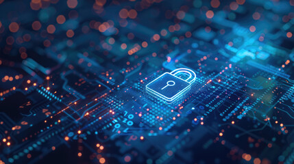 Abstract digital padlock on dark background with copy space. Cyber security concept banner, guarding computing systems against fraud and protecting privacy data