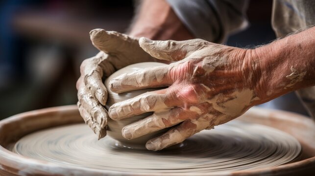 Clay is transformed by a potters hands on a wheel