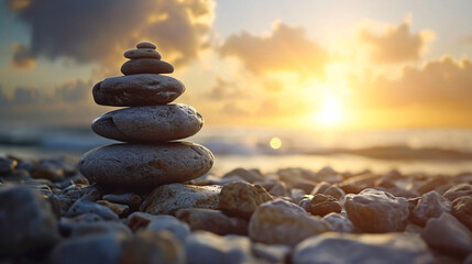 Zen Stones Piled on Beach at Sunset