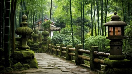 Serene bamboo grove adorned with stone lanterns
