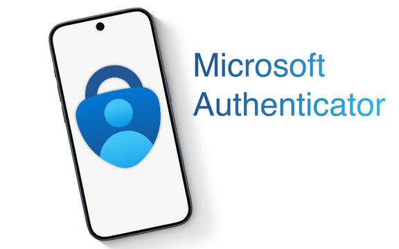 Microsoft Authenticator App logo is displayed on a modern smartphone, blue Microsoft Authenticator lettering next to it, fingerprint, face recognition, PIN, safety, security, prove account
