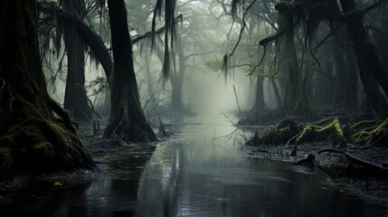 A swamp enveloped in fog with water and trees in the background