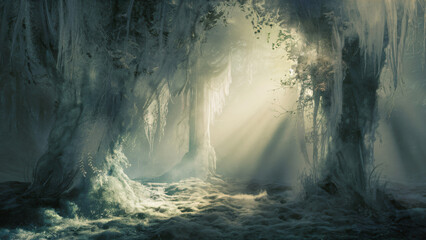 Ethereal nature, aethereal mystic jungle, fog, forest, abstract, surreal, background