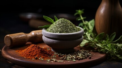 The freshness of spices and herbs in close up, showing the grinding and mixing of the ingredients