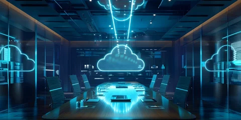 Deurstickers Cutting Edge Cloud Computing Technology Driving Modern Business in Sleek High Tech Office Setting © Thares2020