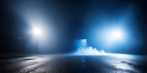 A foggy night on a street illuminated by street lights, creating a mysterious atmosphere
