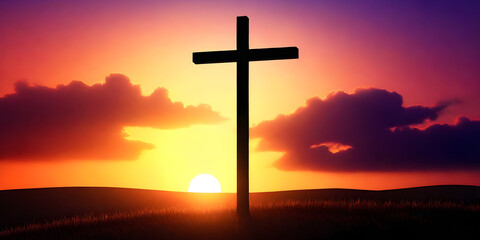 A cross stands atop a hill as the sun sets in the background, casting a warm glow over the landscape. Friday concept. 
