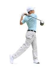 Golfer hit sweeping driver after hitting golf ball isolated on white background. Clipping path. - obrazy, fototapety, plakaty