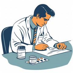 A doctor writing a prescription for medication at a desk. 