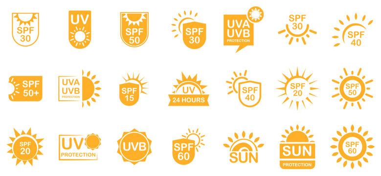 Sunscreen logo set. Spf icon set. spf isolated logo collection