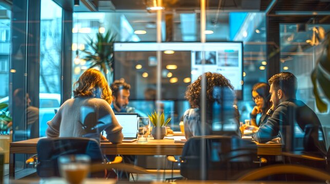 Evening Team Meeting at Modern Office Space. Casual Business Discussion in Warm Light. Brainstorming Session at Work. Collaboration and Teamwork. AI