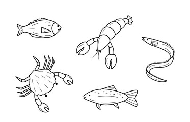 A set of cartoon drawings of marine animals. Vector illustration of fish, algae, eel, crab, lobster. Isolated on white.