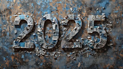 '2025' with newspaper cut-outs on rusty background - obrazy, fototapety, plakaty