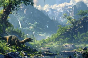 Prehistoric dinosaurs roaming in lush green jungle setting in Jurassic World inspired wallpaper