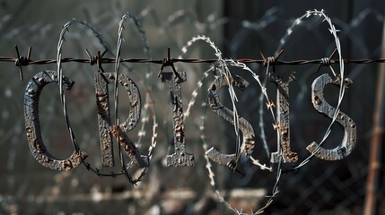 Rusted letters spelling 'CRISIS' on barbed wire, denoting hardship or danger