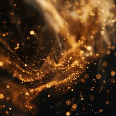 Golden particles, waving in the air, black background, close-up
