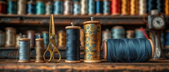 The golden thimble is equipped with a reel of thread for sewing and needlework, scissors, and a retro style toning. - obrazy, fototapety, plakaty
