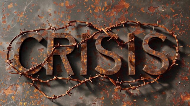 Conceptual image depicting the word CRISIS with a barbed wire frame on rusty metal.