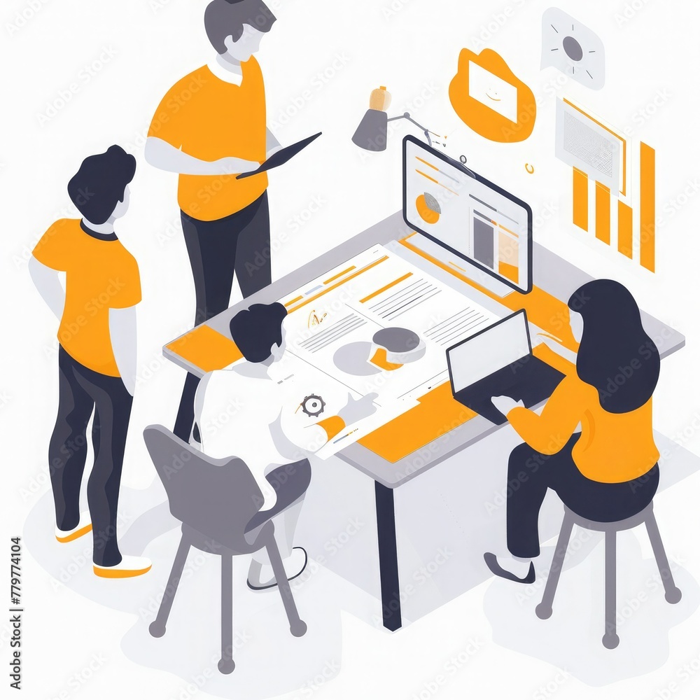Poster a team of employees collaborating on a business proposal, drafting content and visuals.