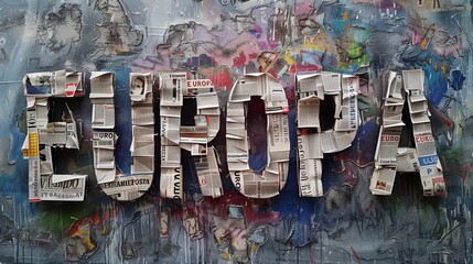 Torn newspaper collage spells 'EUROPA' on a colorful graffitied background
