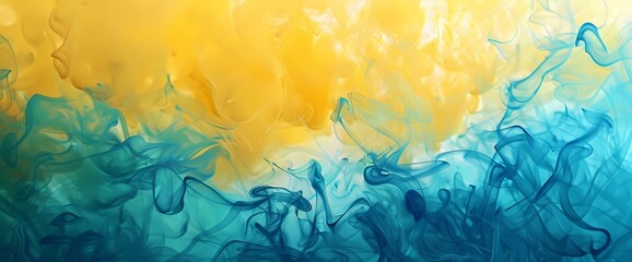 Teal blue wisps forming enchanting shapes against a backdrop painted in gradients of lemon yellow. - obrazy, fototapety, plakaty