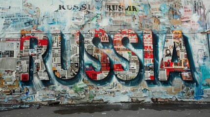 Graffiti spelling 'RUSSIA' over a textured wall with layered posters and paint.
