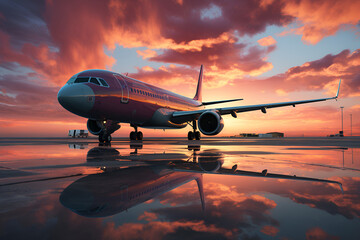 Fototapeta na wymiar An aircraft positioned on a runway, its image mirrored in a puddle, with the vibrant hues of the sunset casting a captivating glow