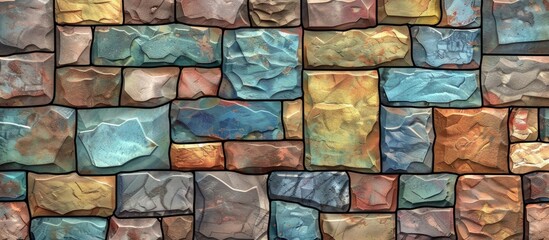 An artistic closeup of a vibrant cobblestone brick wall with electric blue accents. The symmetry and pattern of the rectangles create a unique flooring material with a touch of metal - obrazy, fototapety, plakaty